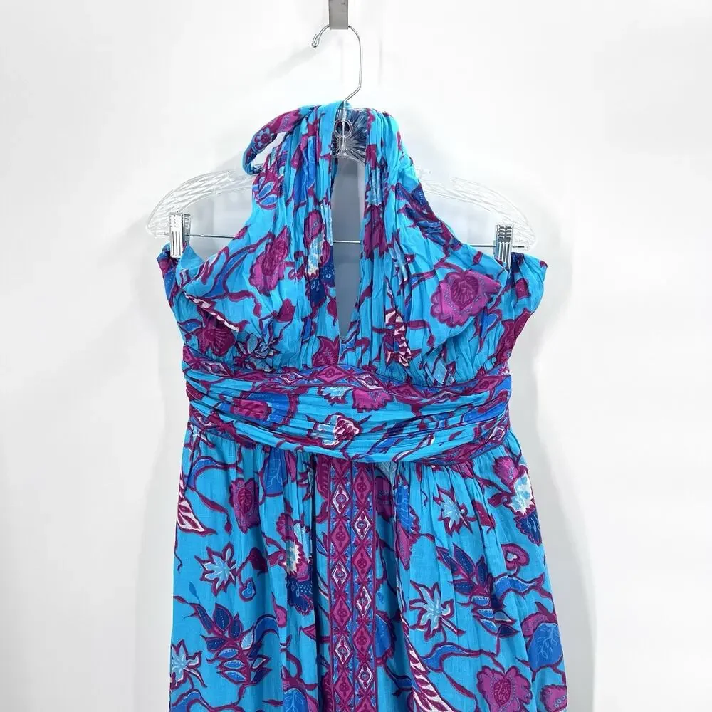 Caroline Constas Turquoise Floral Cotton Criss Cross Halter Maxi Dress Womens XL - Picture 3 of 8